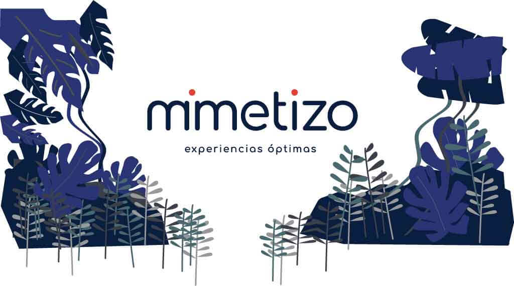 Ilustración con el logo de mimetizo experiencias óptimas rodeado de plantas salvajes